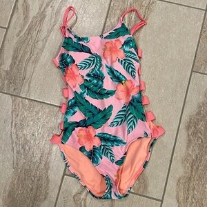 XHILARATION One Piece Swimsuit, Palm & Hibiscus Print, Size S/P, EUC